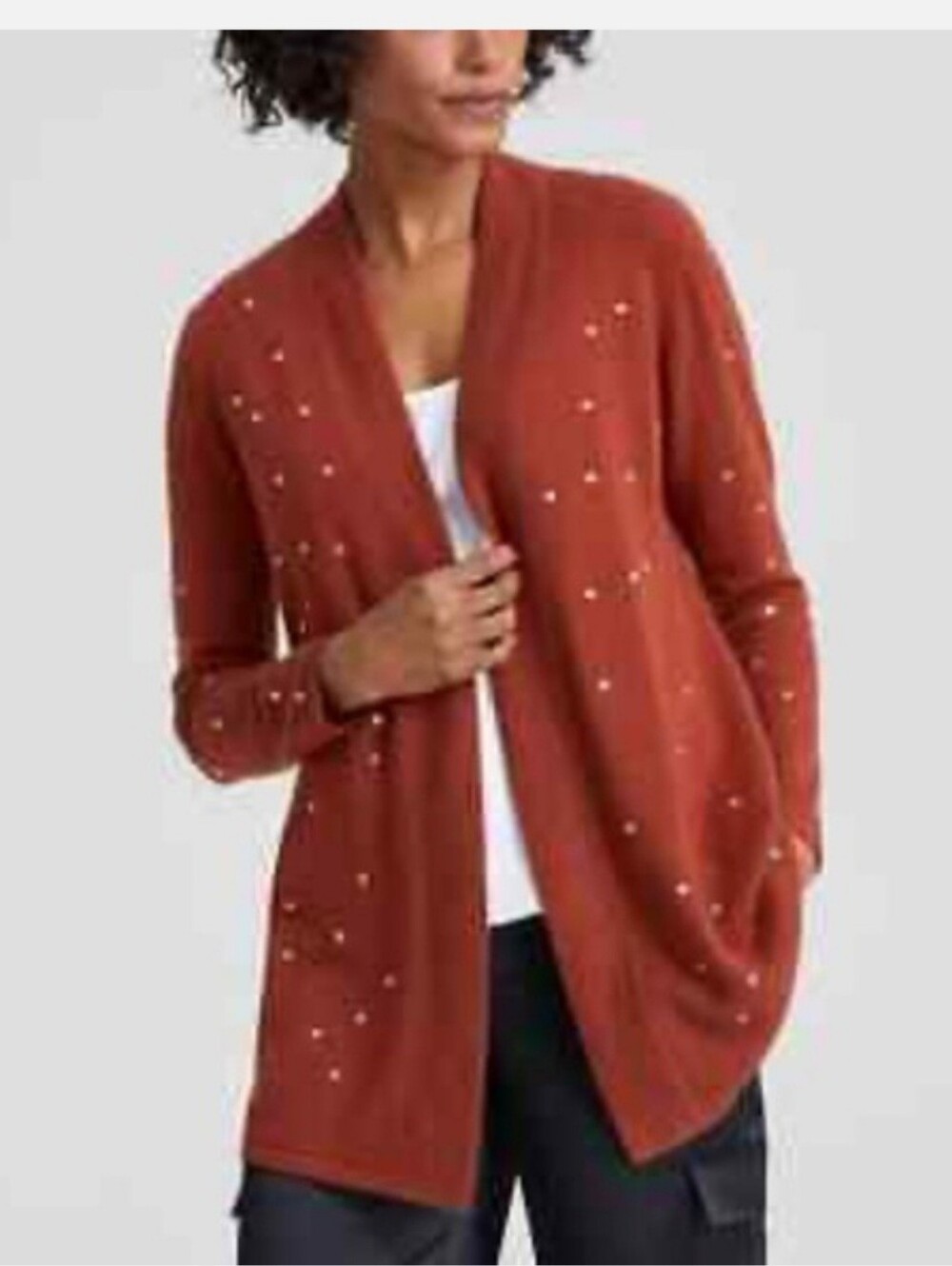 NWT Charter Club Luxury 100% Cashmere Rhinestone Open Front Cardigan M Rust